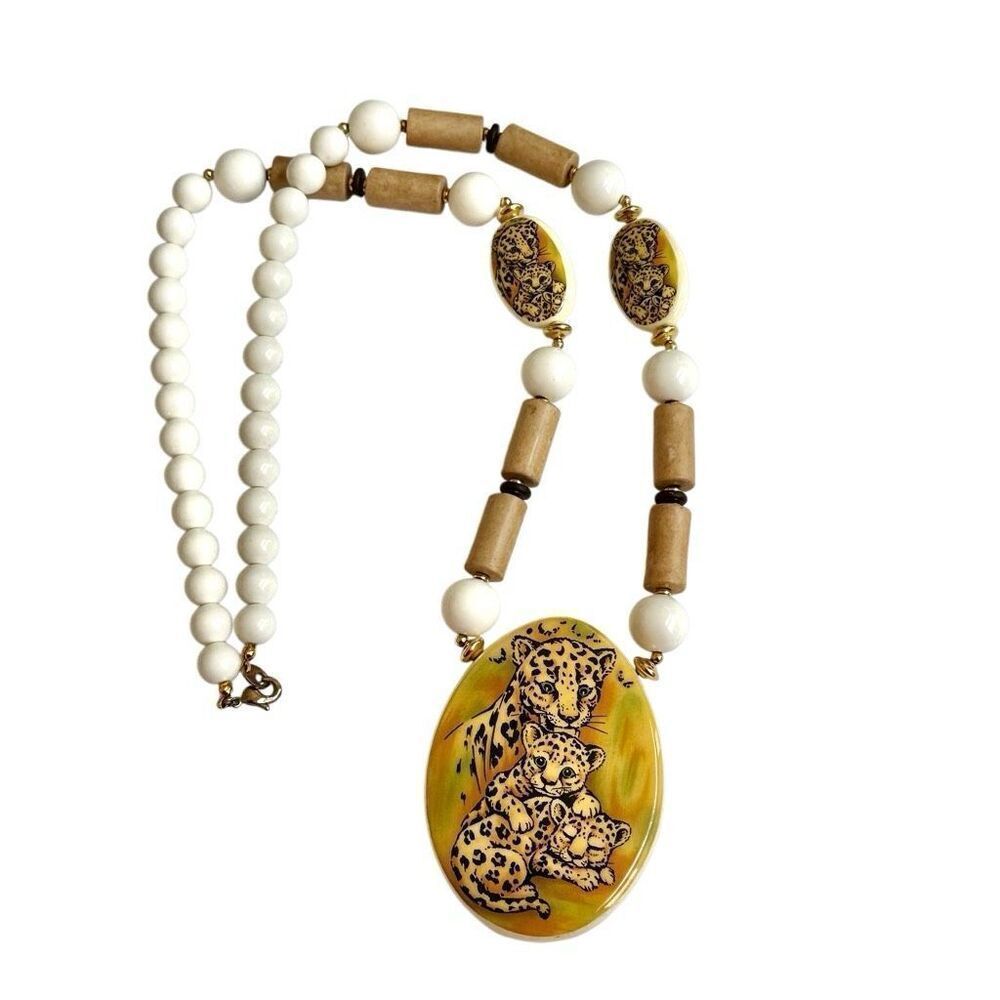 Lee Sands vintage cheetah cubs ceramic beaded statement necklace